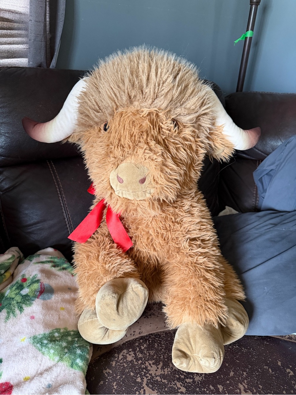 Plush Highland Cow Stuffed Animal - Light Brown with Red Bow about 2 feet tall